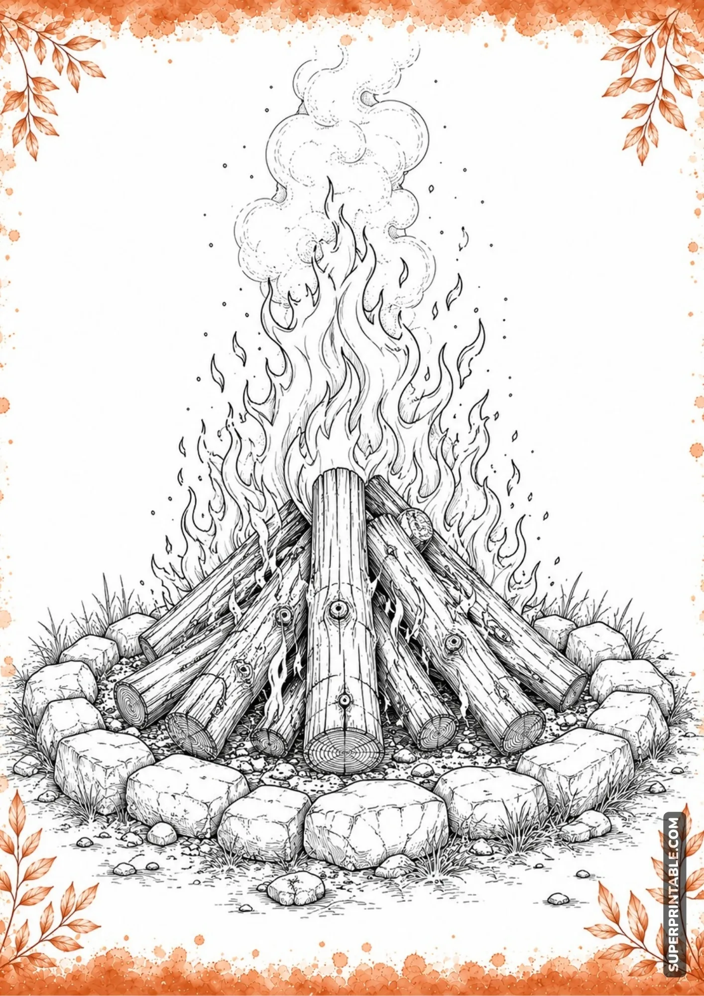 Outdoor campfire with stacked logs, stones, flames, smoke, and foliage