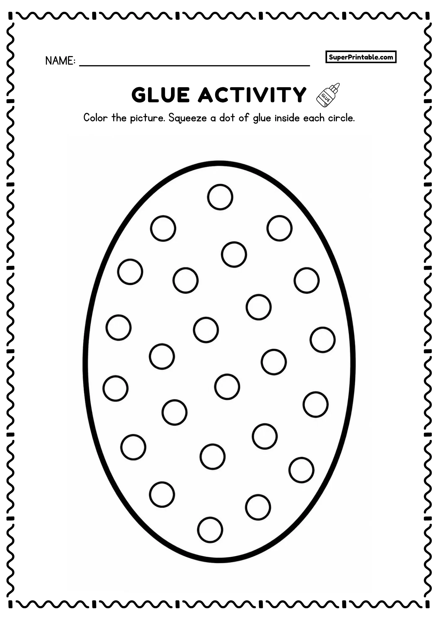 Tall oval shape containing small circles for a preschool glue and coloring activity