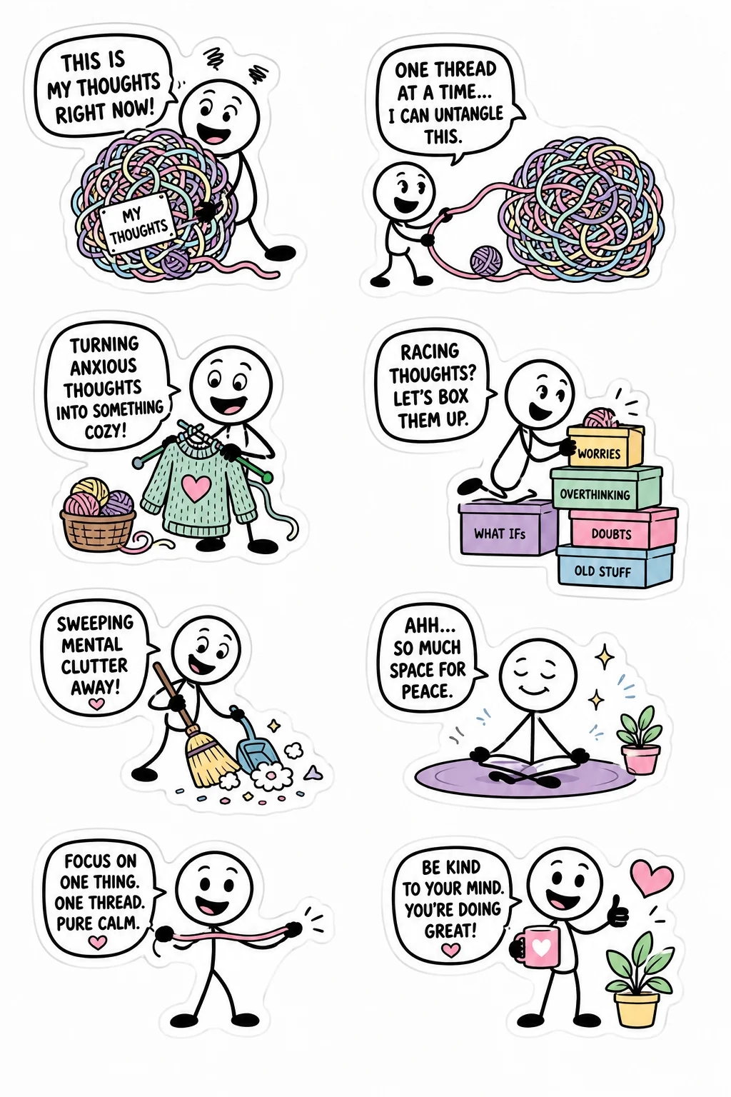 Printable overthinking and inner peace sticker sheet with eight tangled thoughts stick-figure stickers