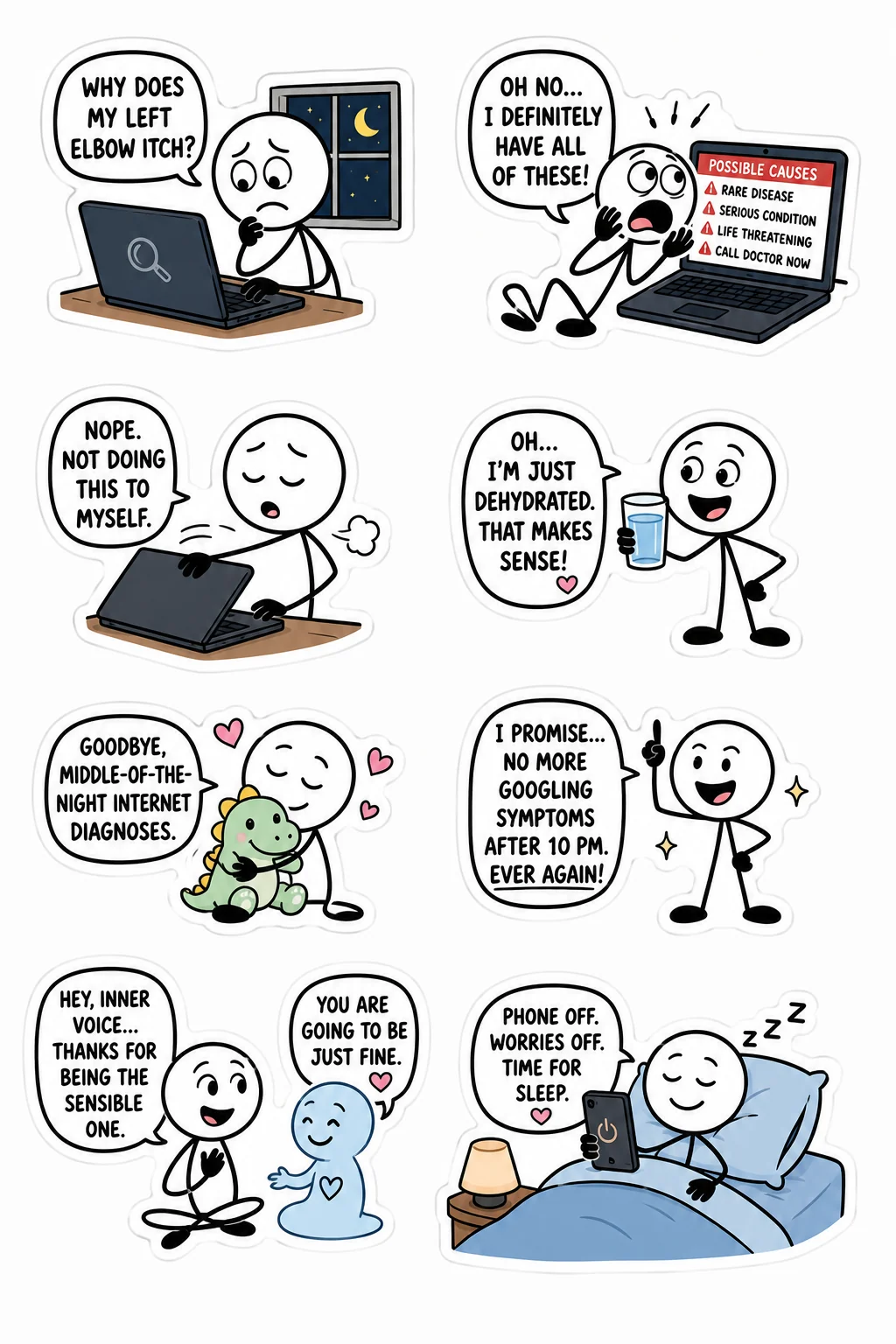 Printable overthinking and inner peace sticker sheet with eight symptom googling stick-figure stickers