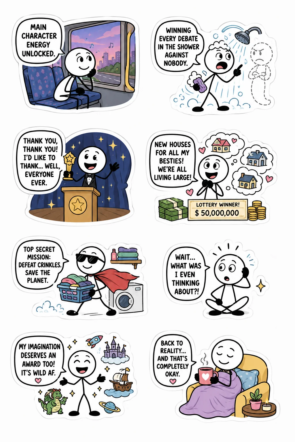 Printable overthinking and inner peace sticker sheet with eight imaginary scenarios stick-figure stickers