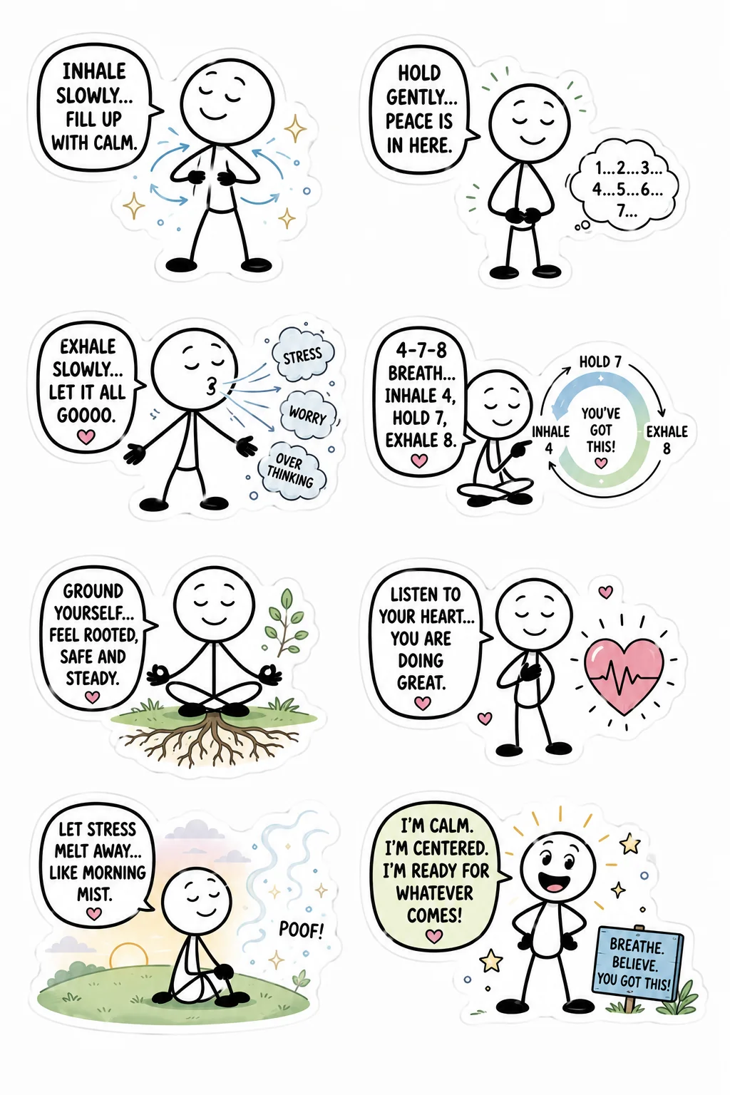 Printable overthinking and inner peace sticker sheet with eight 4-7-8 breathing stick-figure stickers