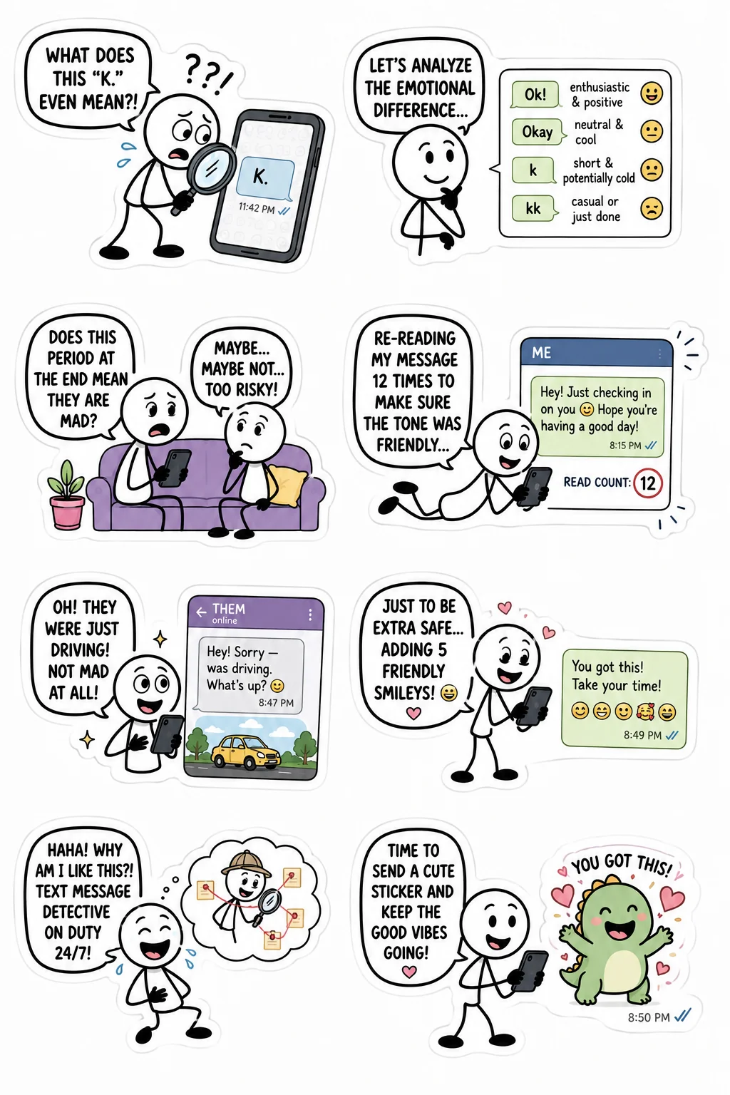 Printable overthinking and inner peace sticker sheet with eight over-analyzing texts stick-figure stickers