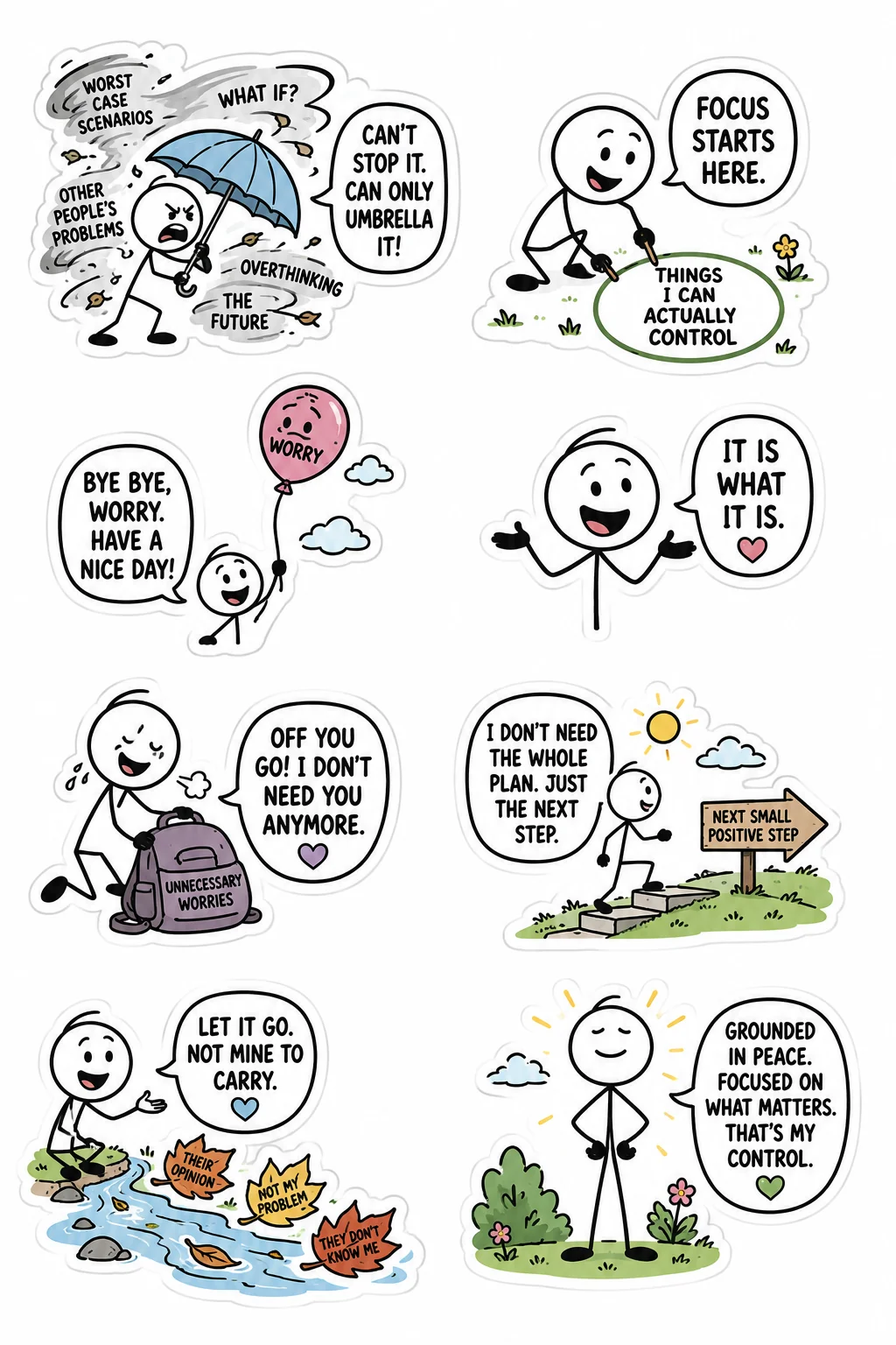 Printable overthinking and inner peace sticker sheet with eight outside my control stick-figure stickers