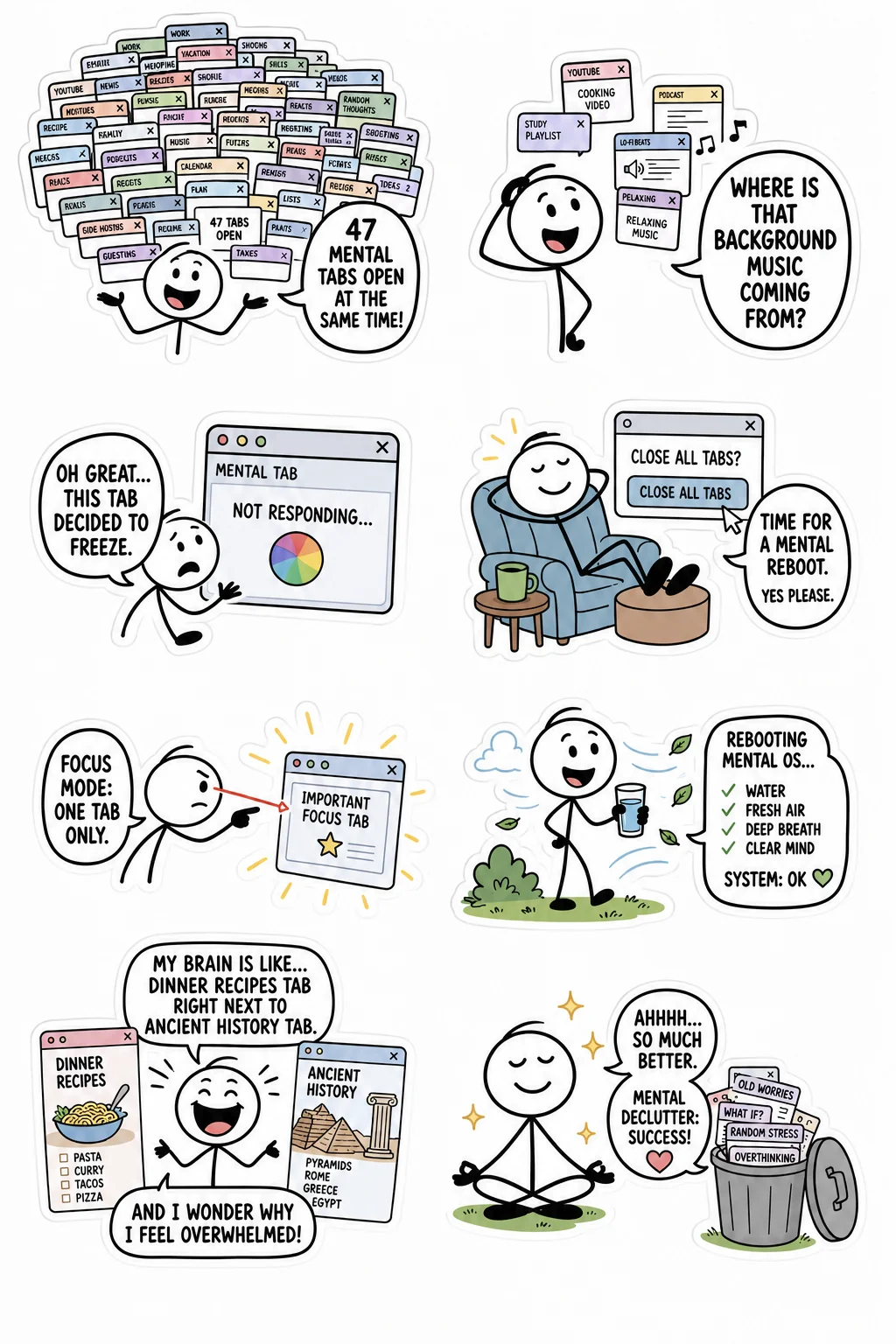 Printable overthinking and inner peace sticker sheet with eight forty-seven tabs stick-figure stickers