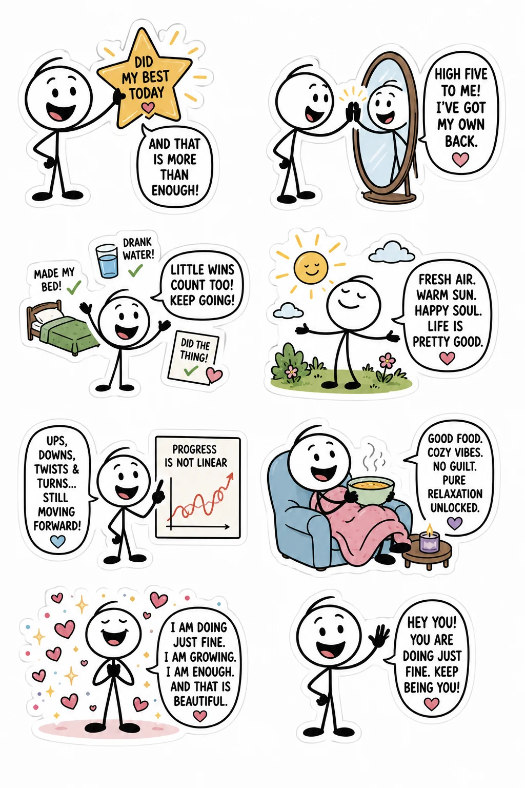 Printable overthinking and inner peace sticker sheet with eight doing just fine stick-figure stickers