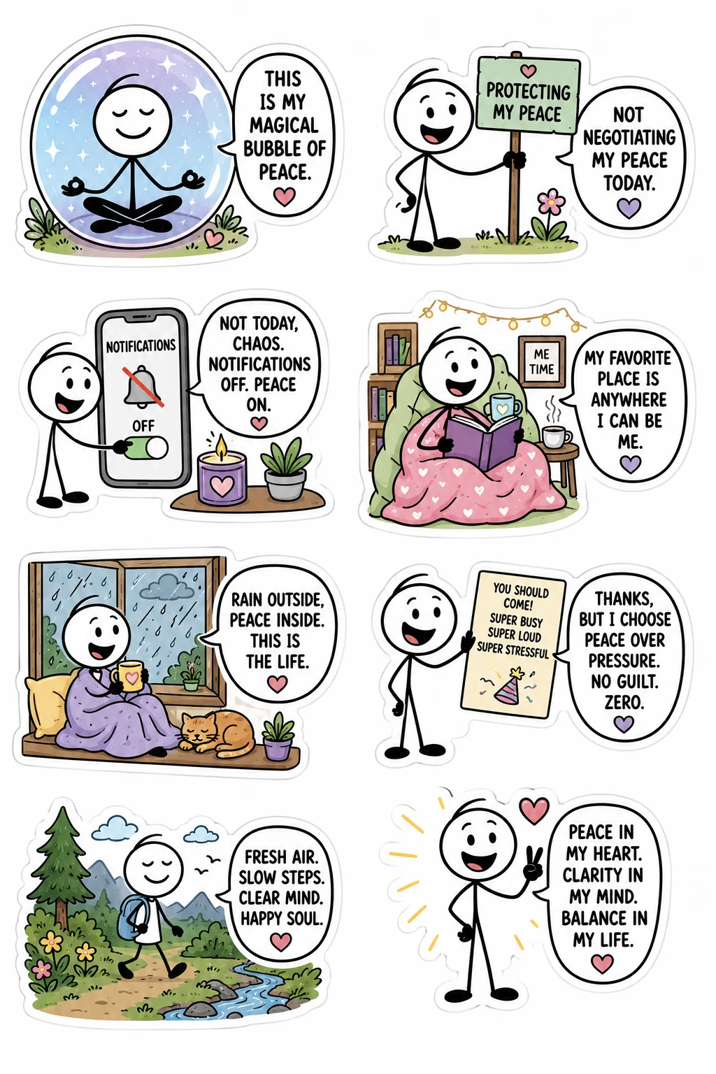 Printable overthinking and inner peace sticker sheet with eight protecting inner peace stick-figure stickers