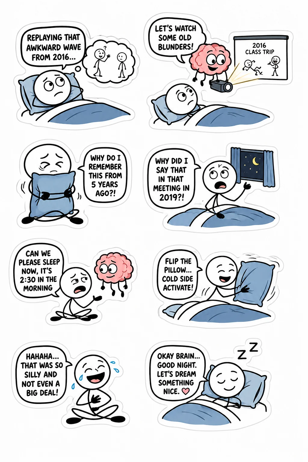 Printable overthinking and inner peace sticker sheet with eight 2 am memories stick-figure stickers