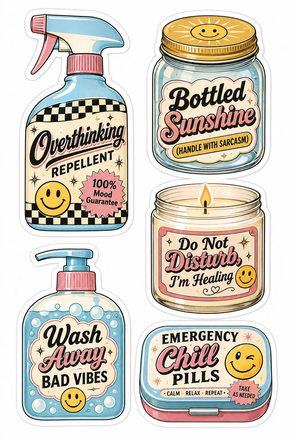 Overthinking repellent, bottled sunshine, healing candle, bad vibes wash and emergency chill tin.