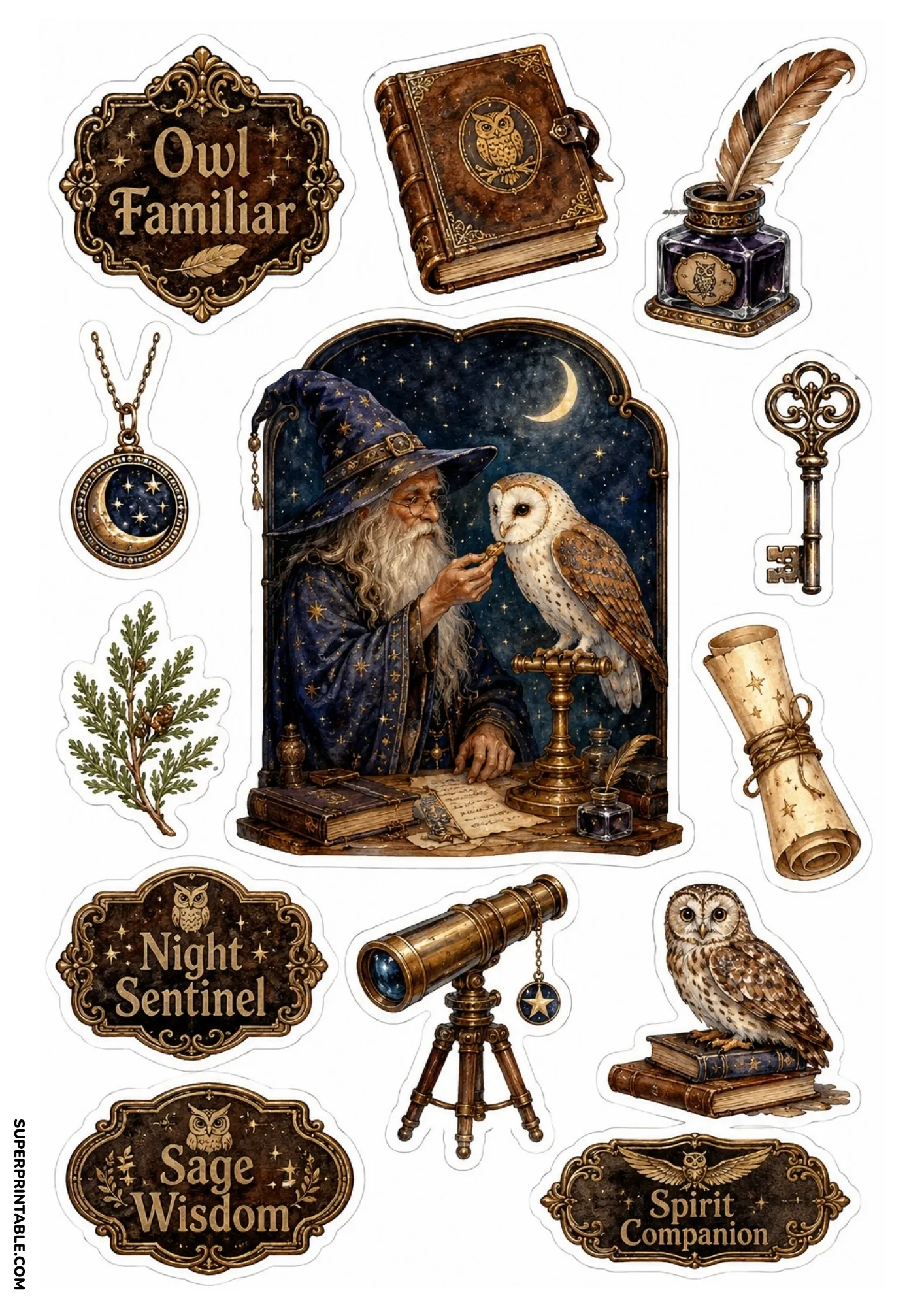 Wizard feeding barn owl familiar with telescope, leather owl journal, feather inkwell, and wisdom badges.