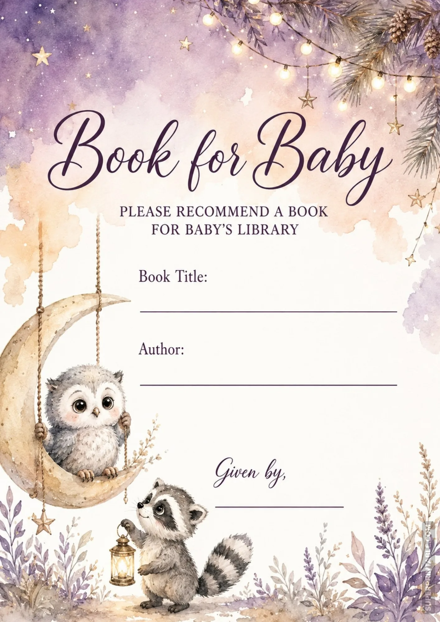 Watercolor owl and raccoon themed baby shower book request cards card for baby library.
