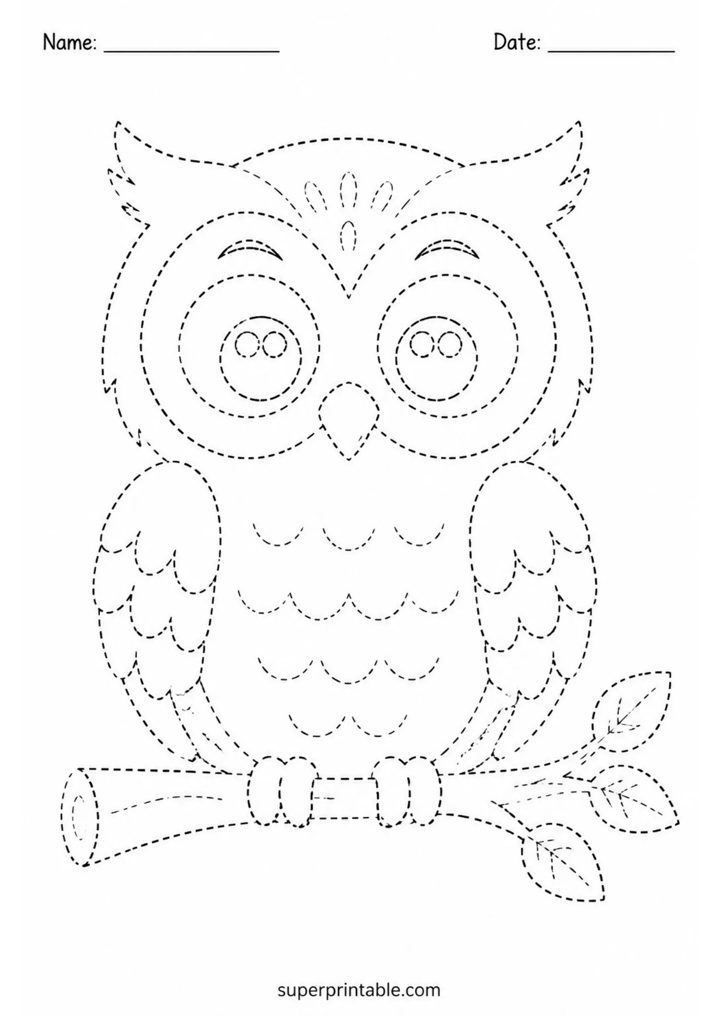 Printable owl on a branch with dotted lines for tracing practice.