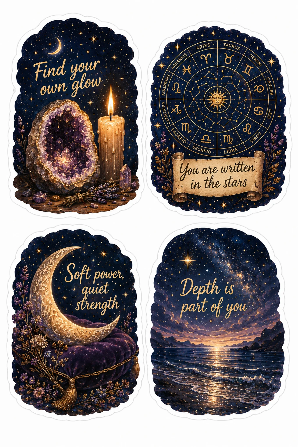 Own Glow Written In Stars Quiet Strength Sheet featuring celestial aesthetic, cosmic magic, moon phases, tarot cards, and astrology.