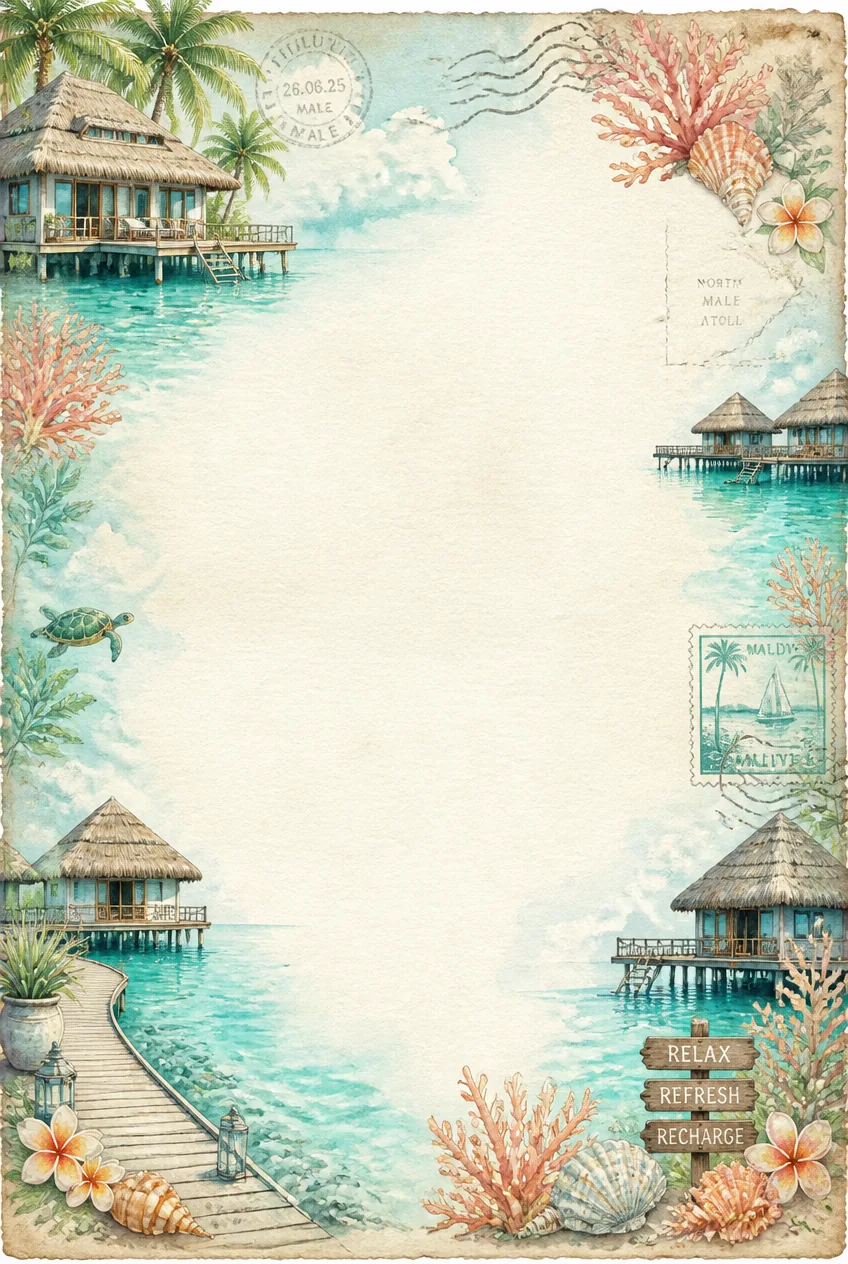 Watercolor coastal harbor border with sailboats and soft green hills around an unruled paper center.
