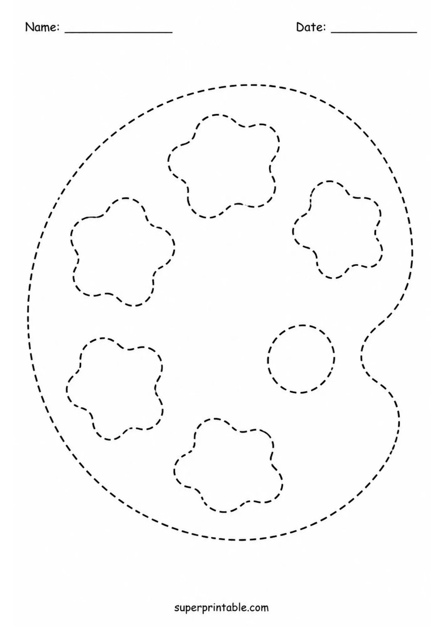 Dotted paint palette tracing sheet with flower shaped paint wells designed for preschool tracing exercises.