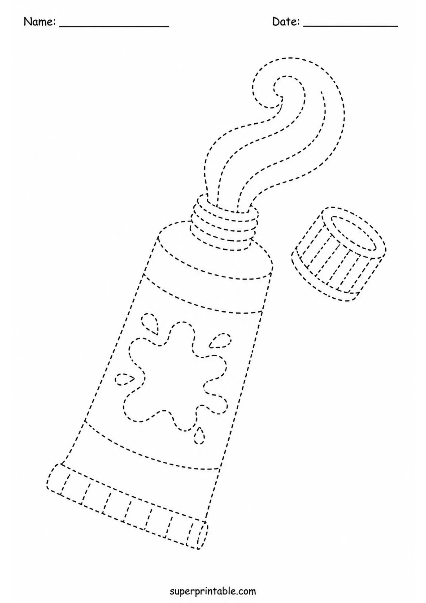 Printable line tracing activity page showing an open paint tube with swirling paint and a separate cap.