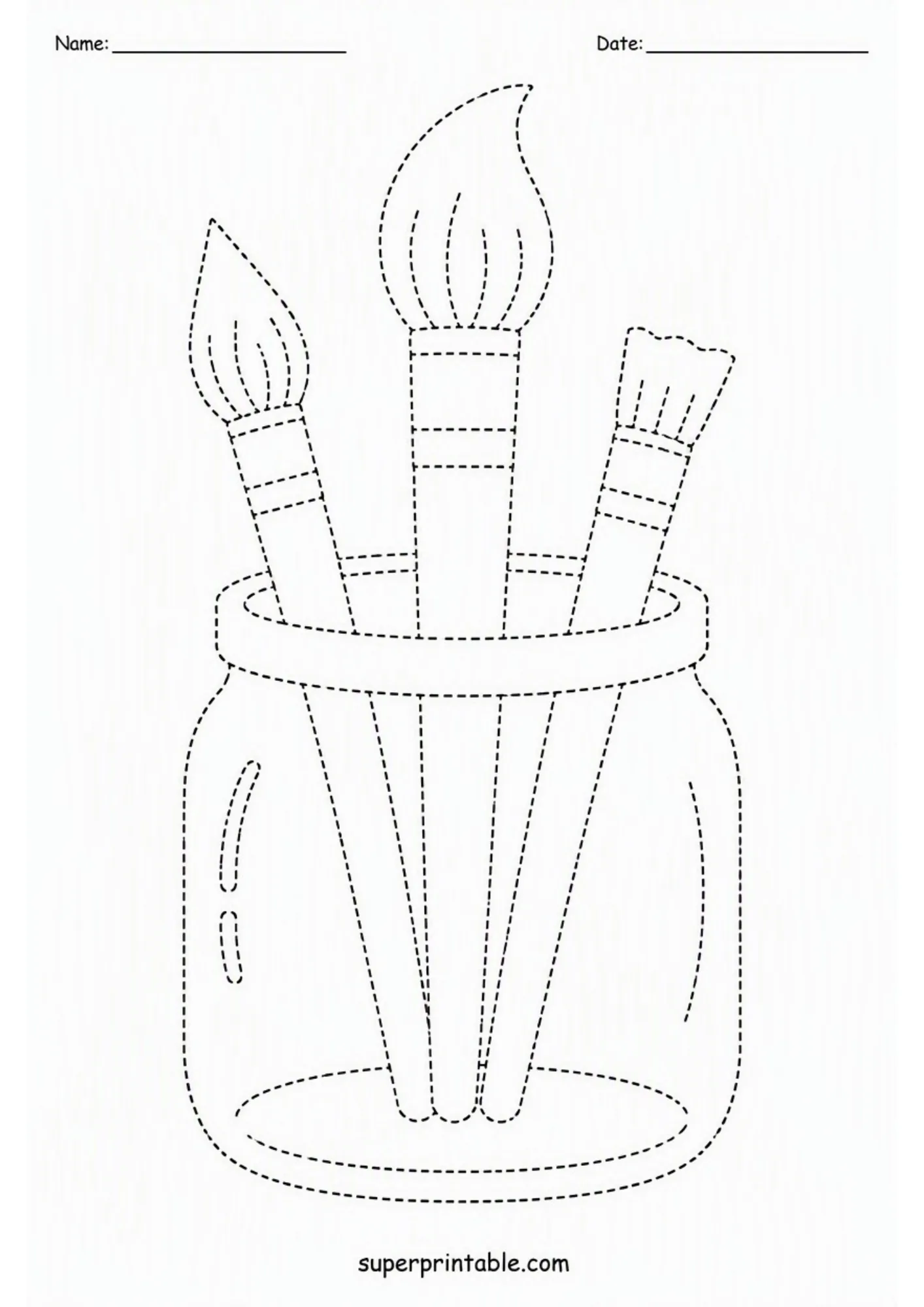 Detailed art studio activity worksheets page displaying three paintbrushes in a jar with dashed outline tracing lines.