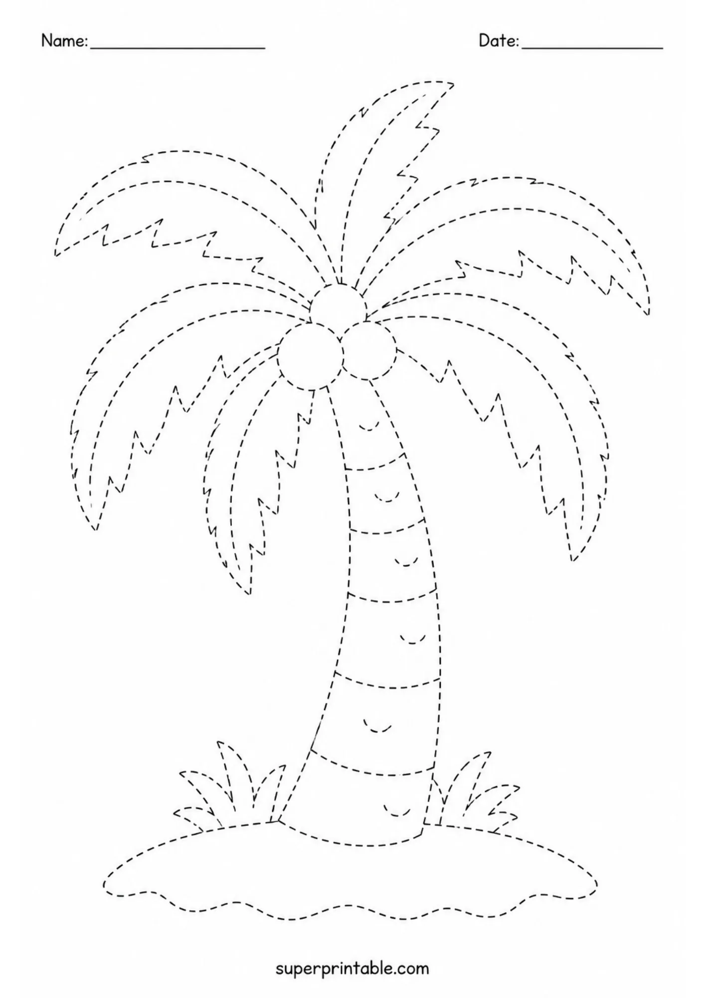 Dashed line illustration of a palm tree with coconuts on an island.