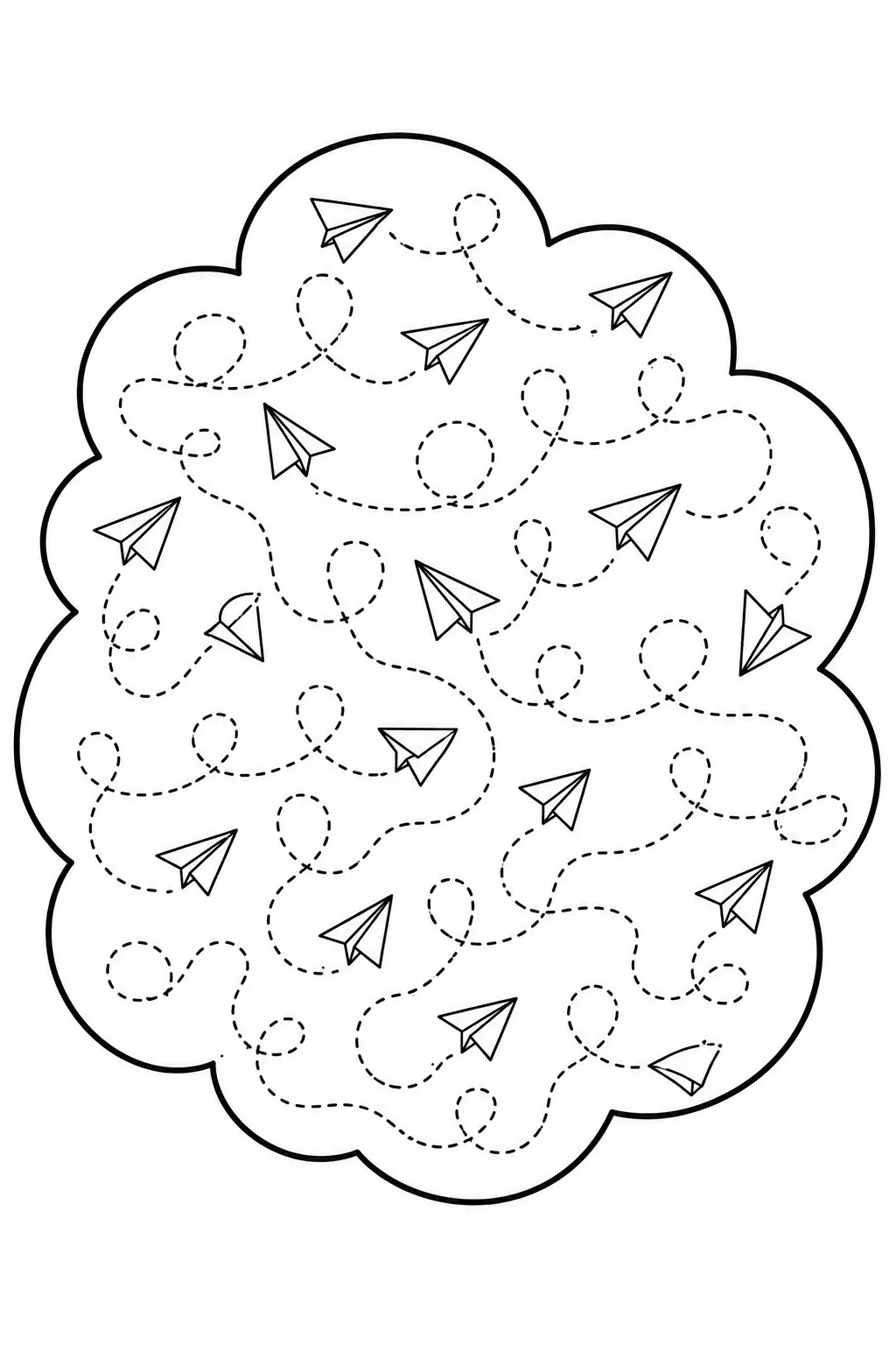 Flying paper airplanes with loopy dashed flight trails inside a cloud.