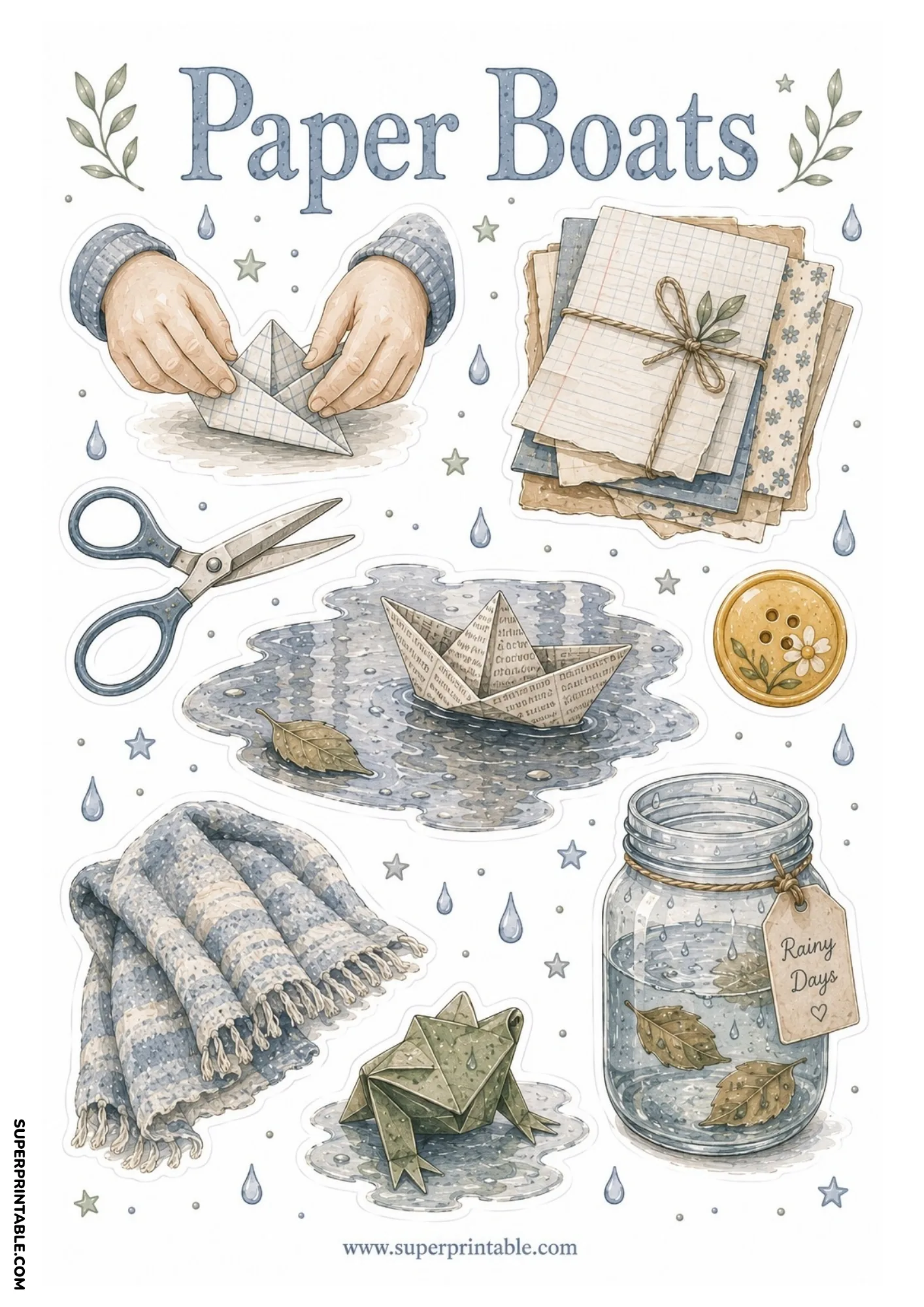 Hands folding a paper boat alongside craft paper stack, vintage scissors, origami frog, and mason jar.