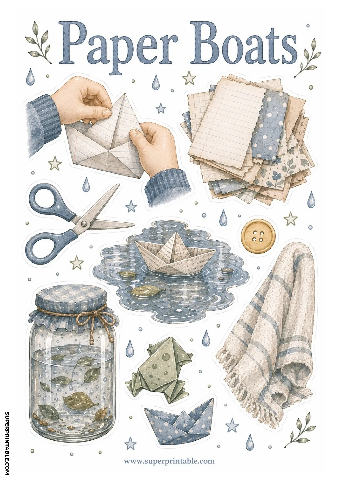 Child's hands folding a paper boat, stack of paper, scissors, origami frog, and mason jar of rainwater.