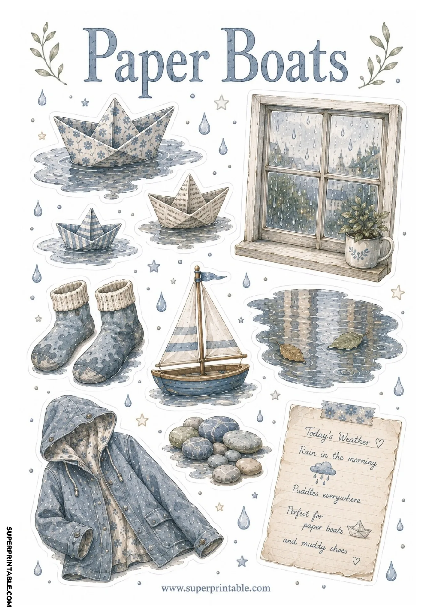 Blue hooded raincoat with a wooden toy sailboat, cozy socks, river stones, and paper boats in rain puddles.