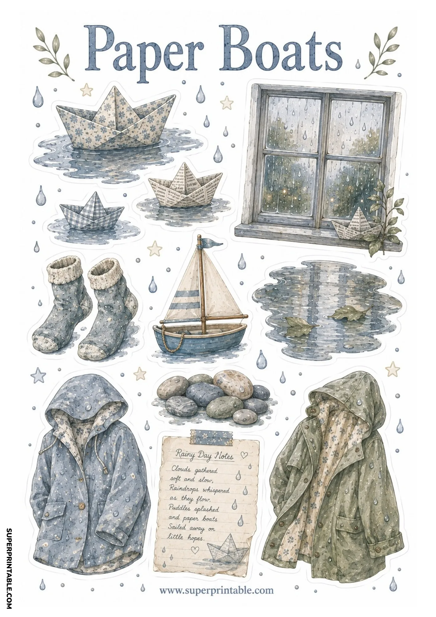 Blue and green hooded rain jackets with rainy window pane, river stones, paper boats, and handwritten note.