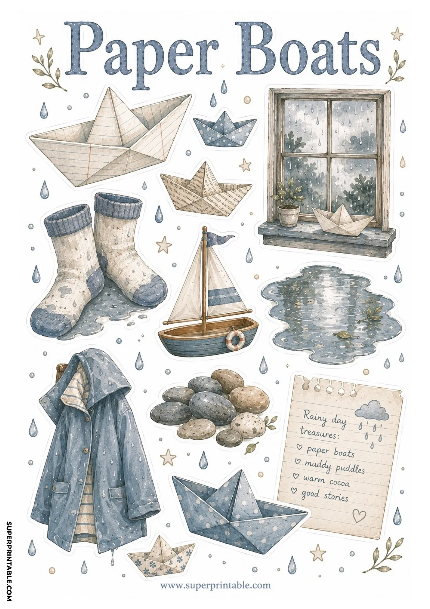 Rainy day treasures note card with paper boats, rainy window pane, rain boots, raincoat, and wooden boat.