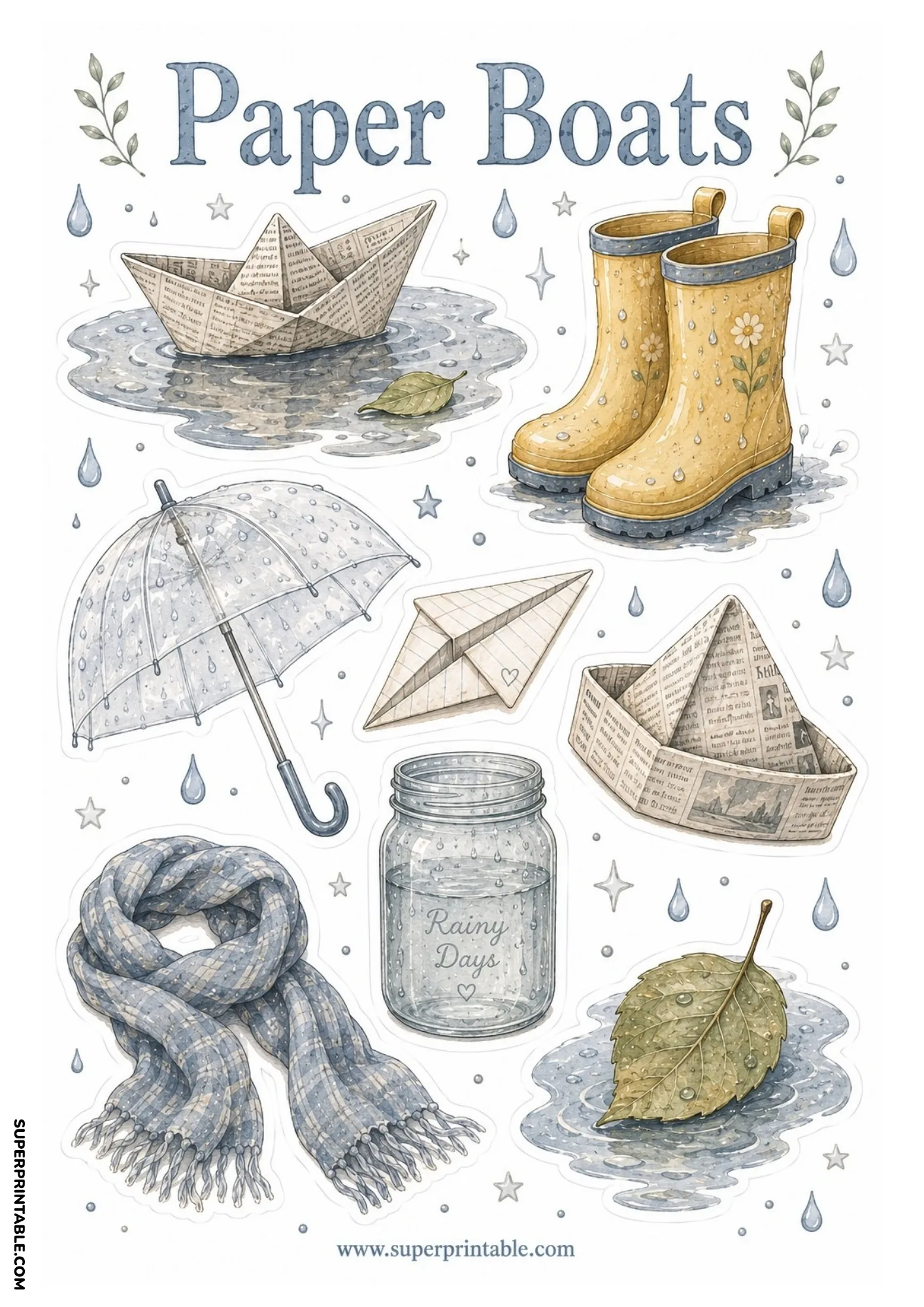 Newspaper paper boat floating in puddle next to yellow rubber rain boots, umbrella, and rainy day mason jar.