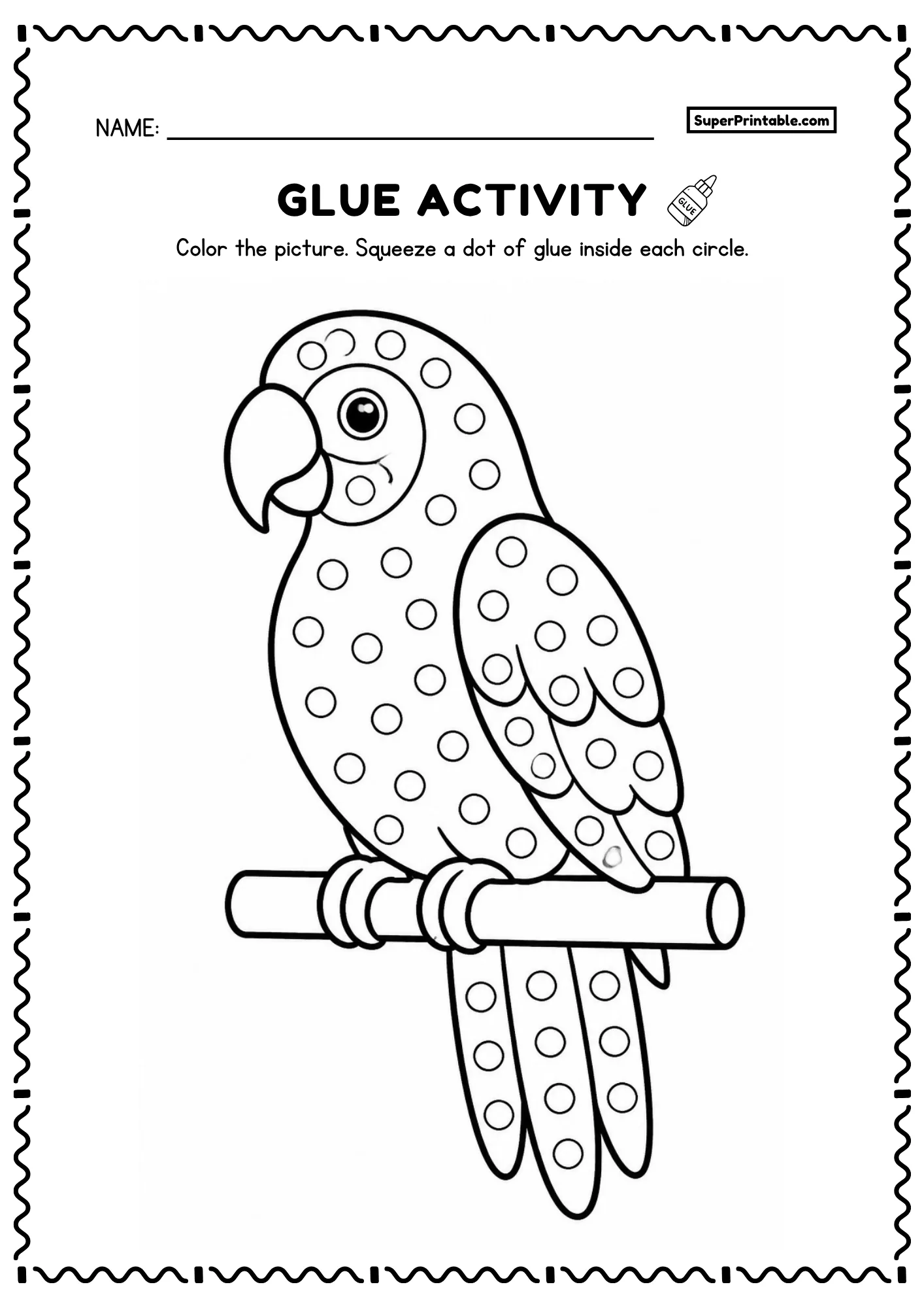 Perched parrot bird printable glue worksheet with curved beak and dot circles for kids