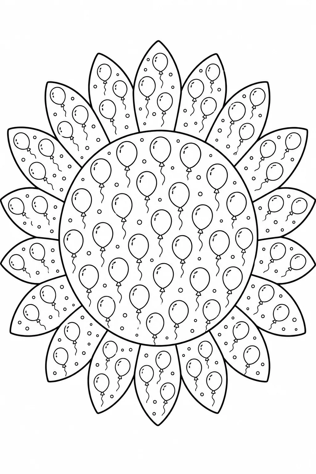 Celebratory sunflower coloring page filled with dozens of floating party balloons.