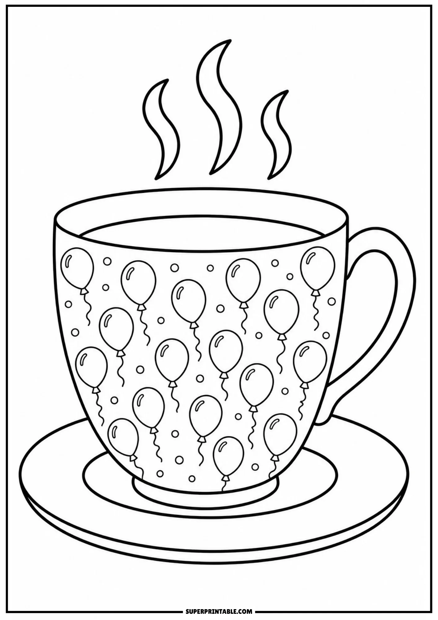 Line drawing of a steaming teacup resting on a saucer covered in floating party balloons and confetti.