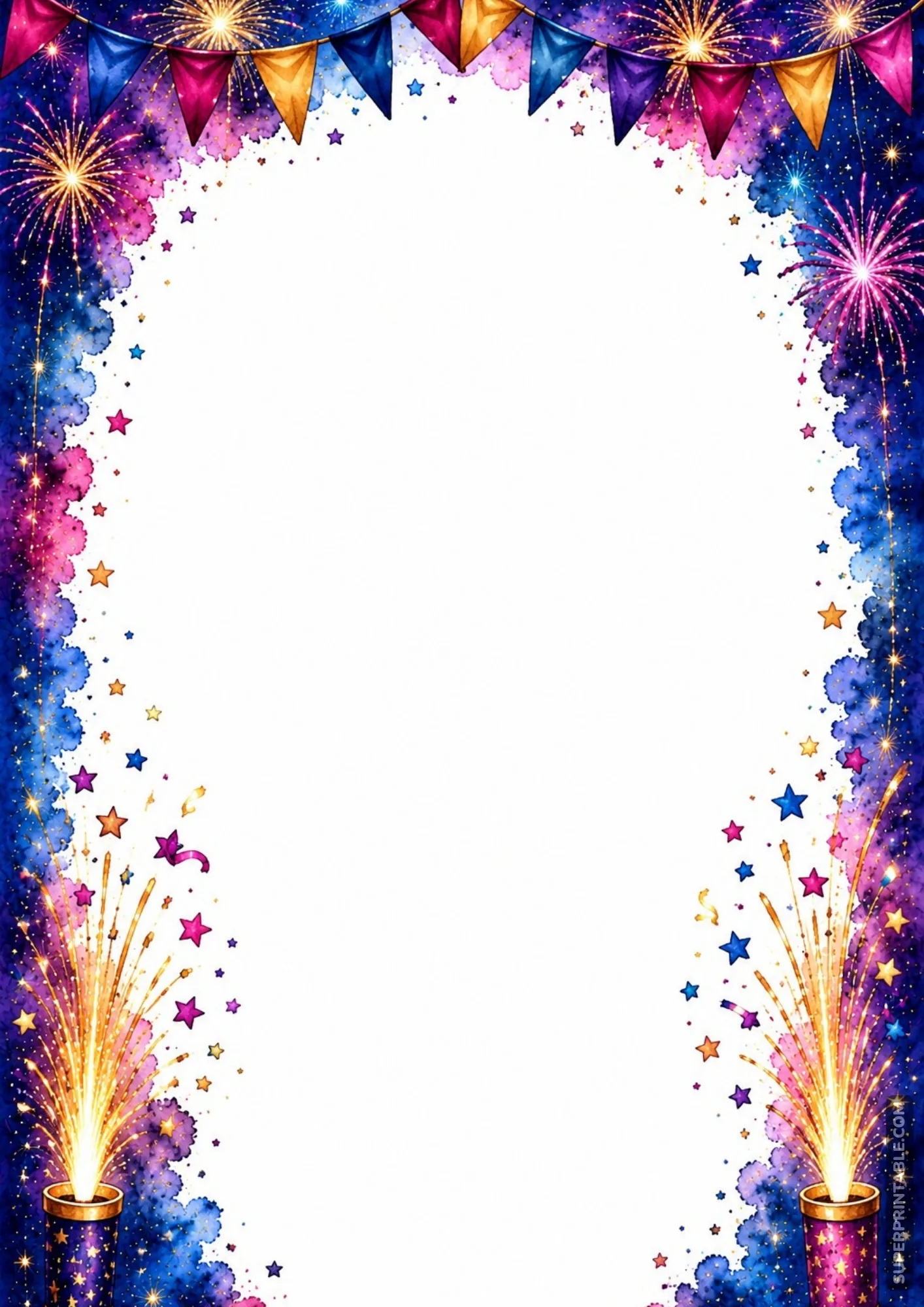 Festive party page border with colorful hanging pennant flags and shooting fireworks fountains at the bottom.