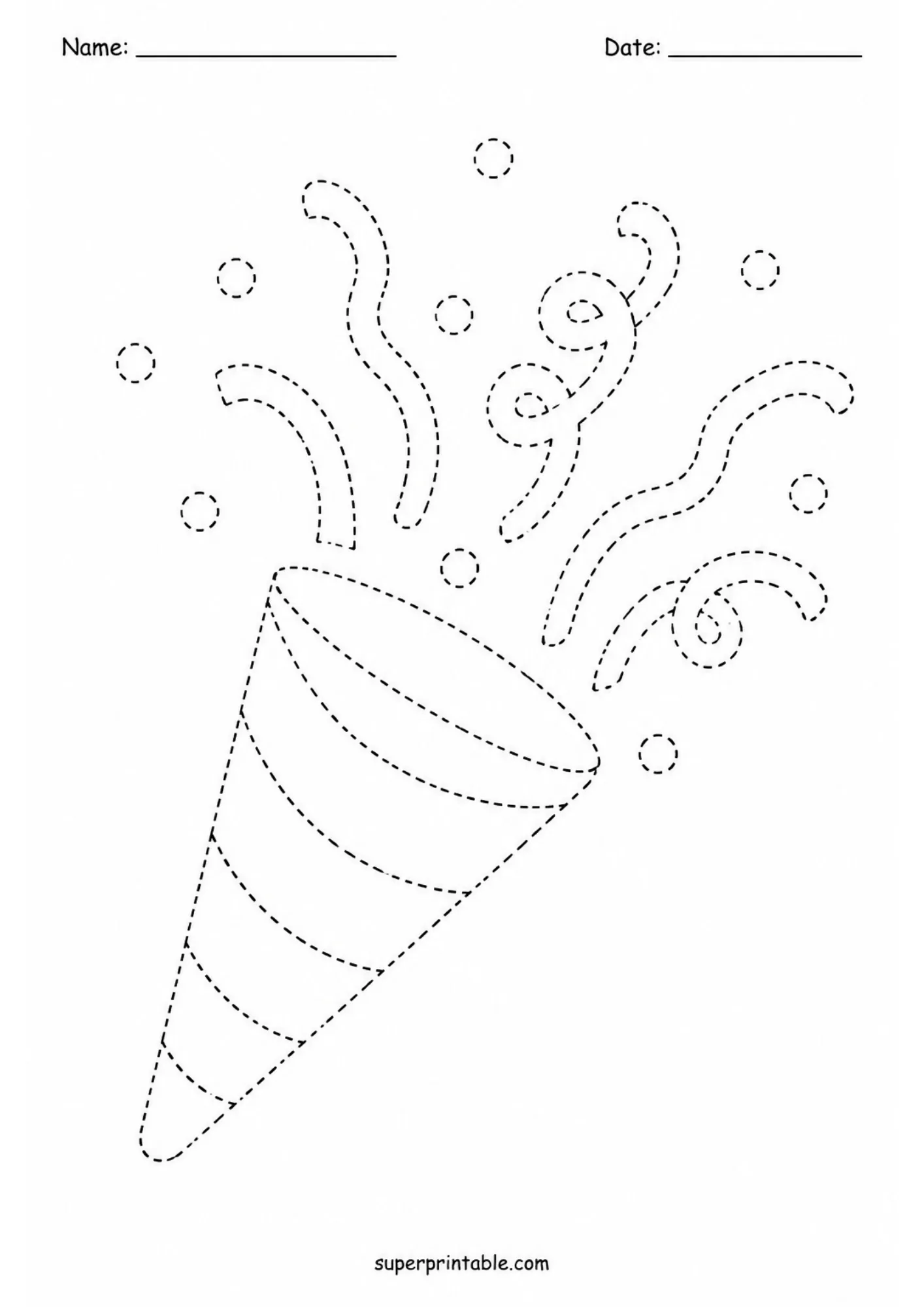 Festive party popper line tracing activity sheet with streamers and floating confetti shapes for children.