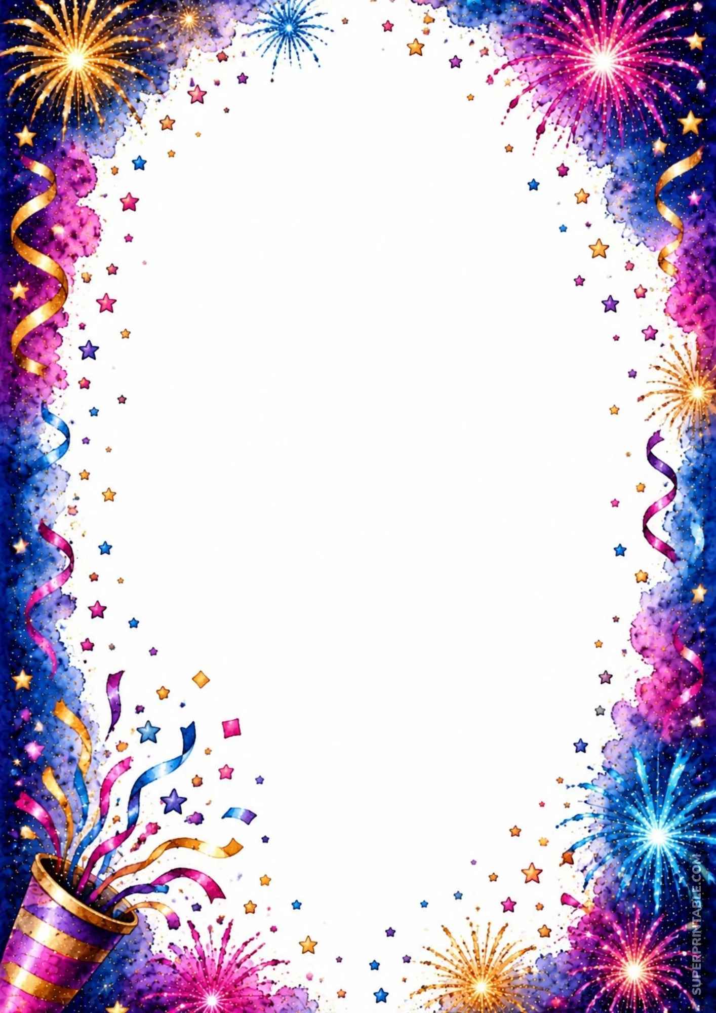 Party popper launching colorful confetti and streamers alongside sparkling fireworks on a festive border page.