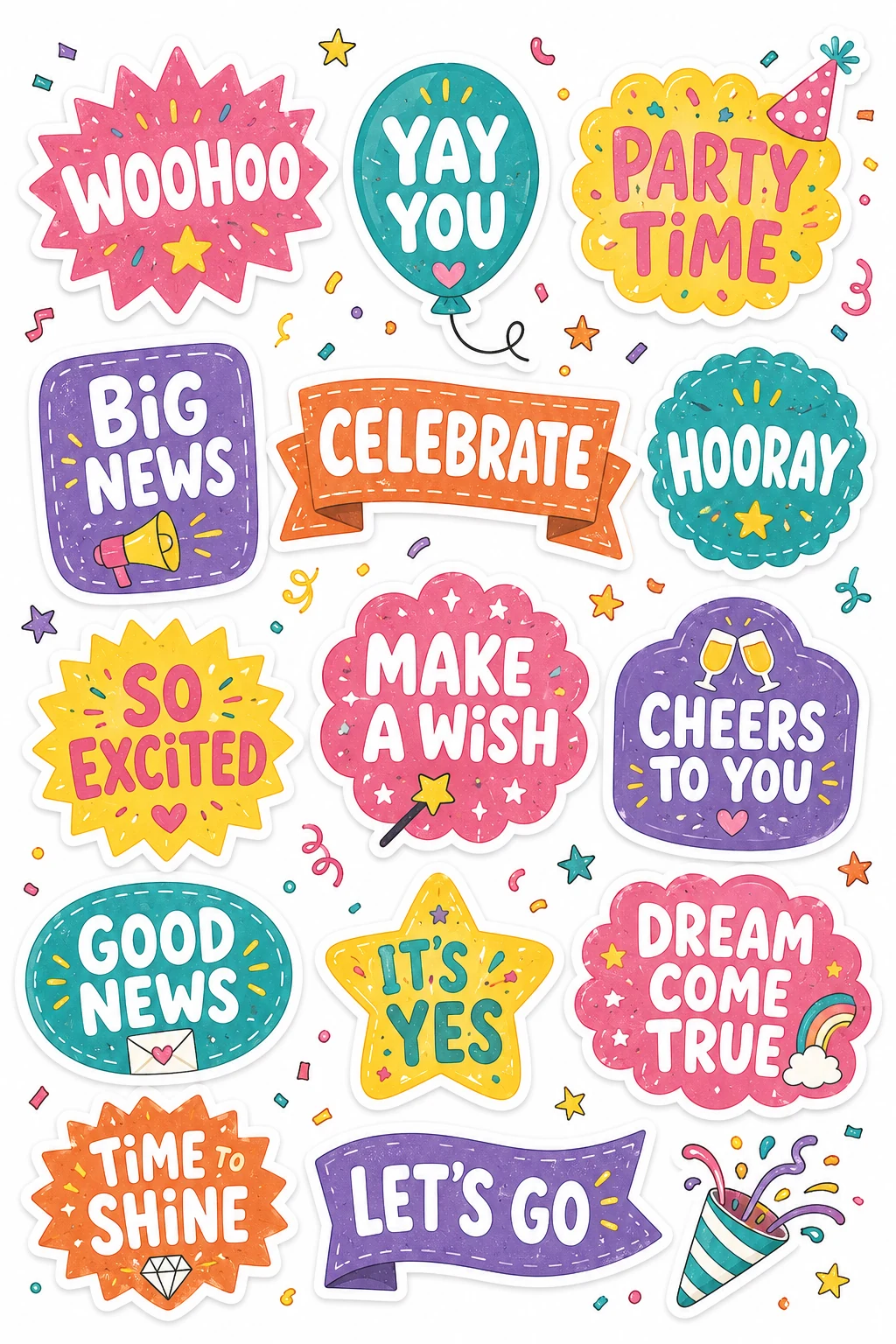Party Time Big News Celebration Stickers featuring daily motivation, praise badges, daily affirmations, and school rewards.