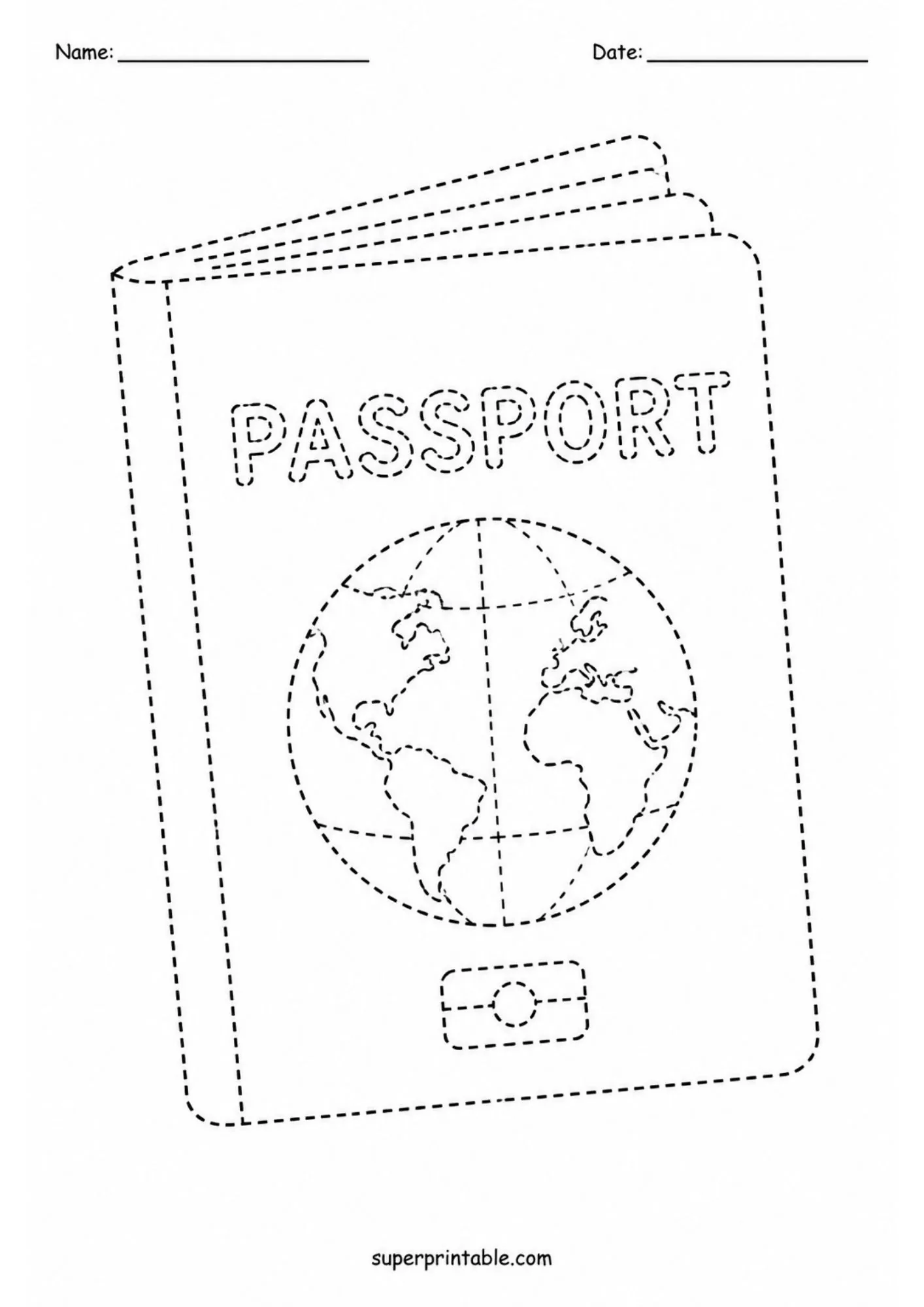 Dashed tracing line art of a travel passport featuring a globe design and text.