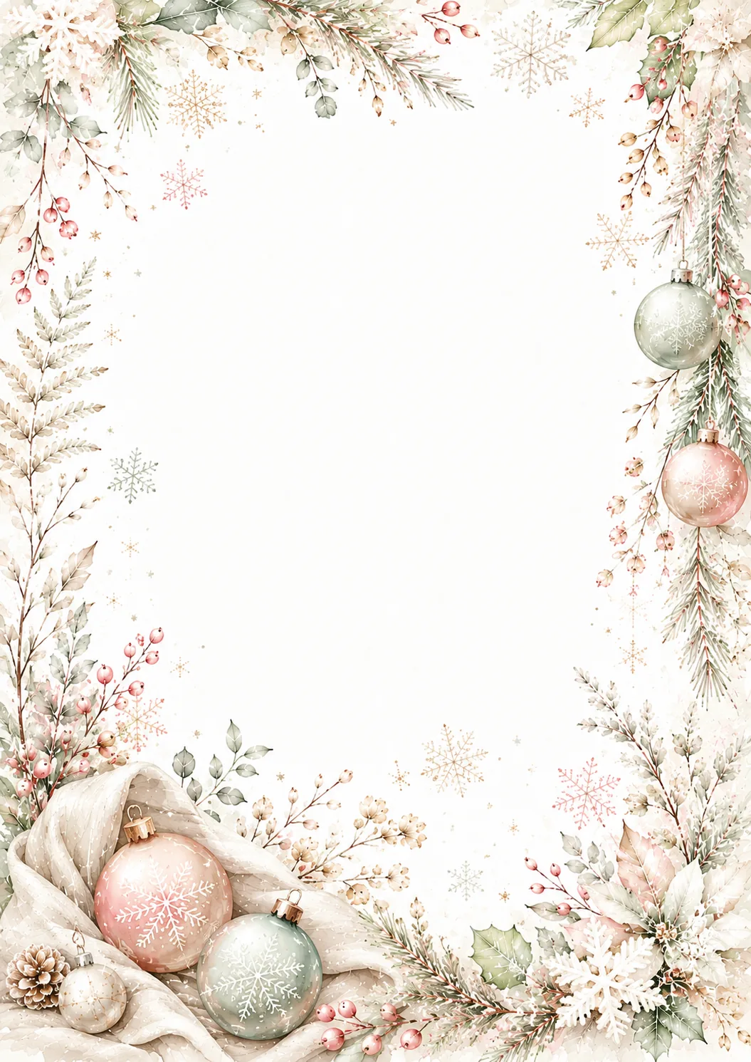Pastel holiday border with blush and sage baubles, white snowflakes, poinsettias, berries, and pine