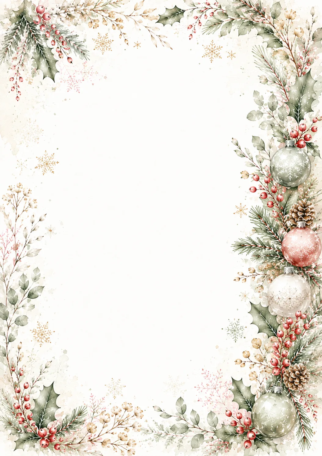 Soft Christmas border with sage, blush and cream ornaments, holly, berries, pinecones, and snowflakes