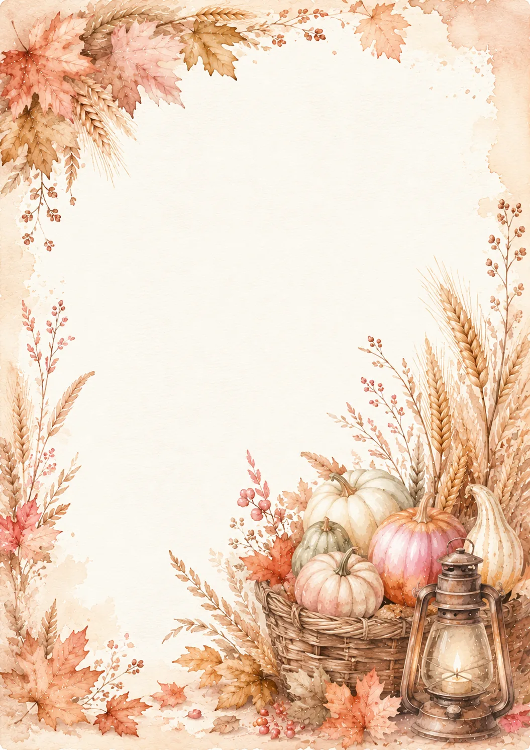 Pastel pumpkin basket and glowing vintage lantern framed by wheat, berries, and soft autumn leaves
