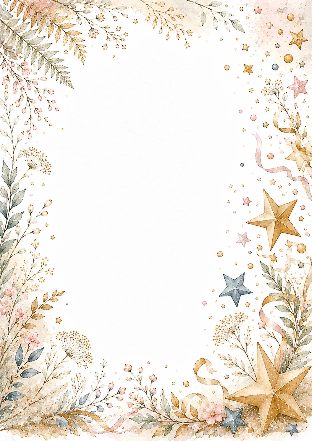 Soft pastel celebration stationery with floral border, ribbons and decorative stars.