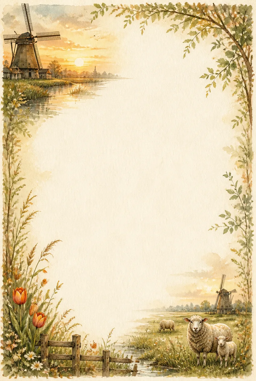 Pastoral page border depicting a mother ewe and lamb near red tulips with a windmill background.