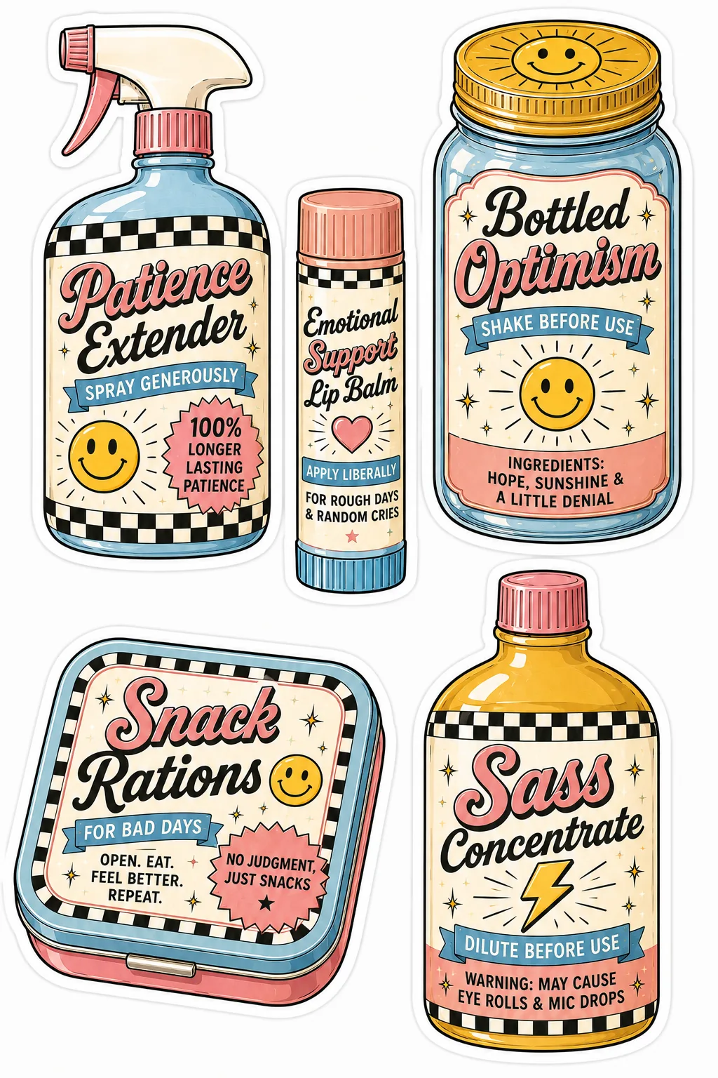 Patience extender, emotional support lip balm, bottled optimism, snack rations and sass concentrate.
