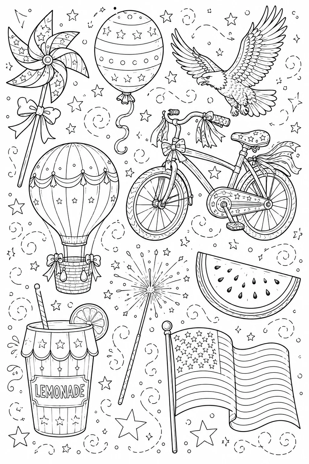 Printable Patriotic Celebration soaring bald eagle and vintage bicycle doodle coloring page sheet