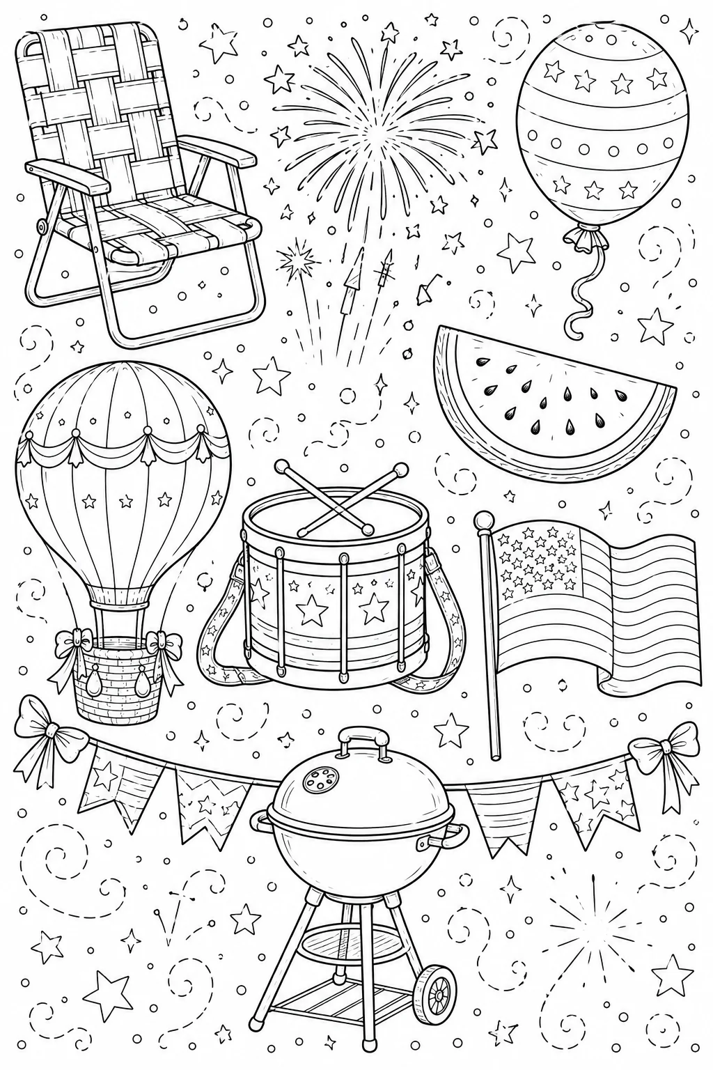 Printable Patriotic Celebration 4th of july fireworks and american flag doodle coloring page sheet
