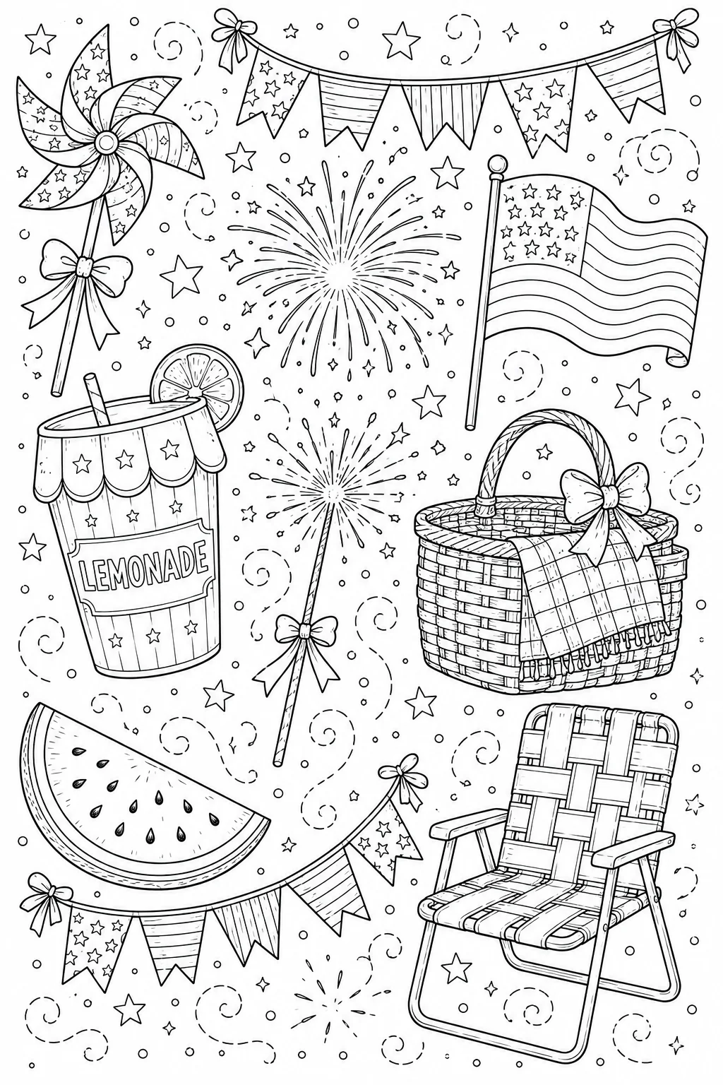 Printable Patriotic Celebration summer lemonade jar and backyard bbq grill doodle coloring page sheet