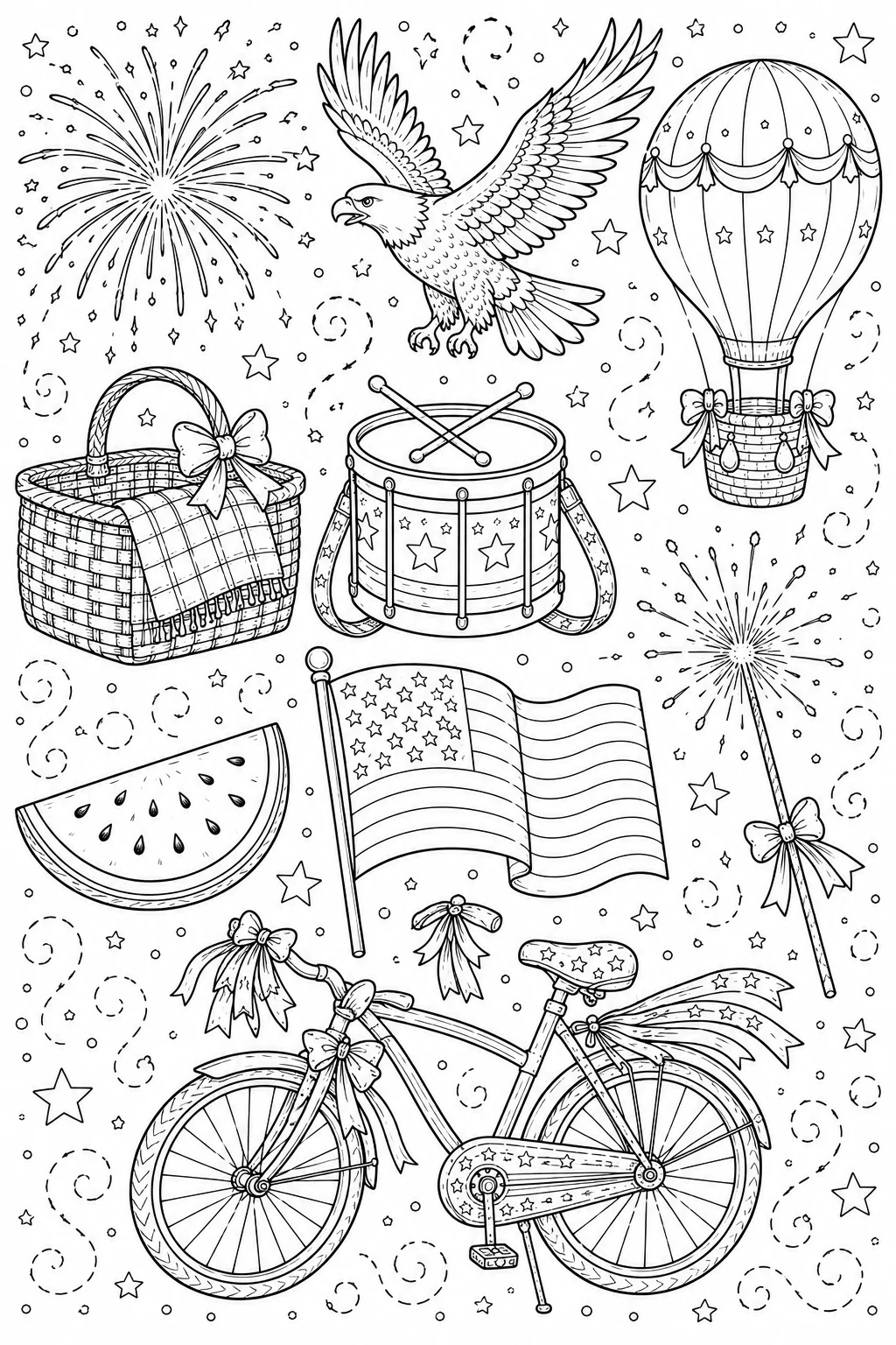 Printable Patriotic Celebration hot air balloon and picnic basket doodle coloring page sheet