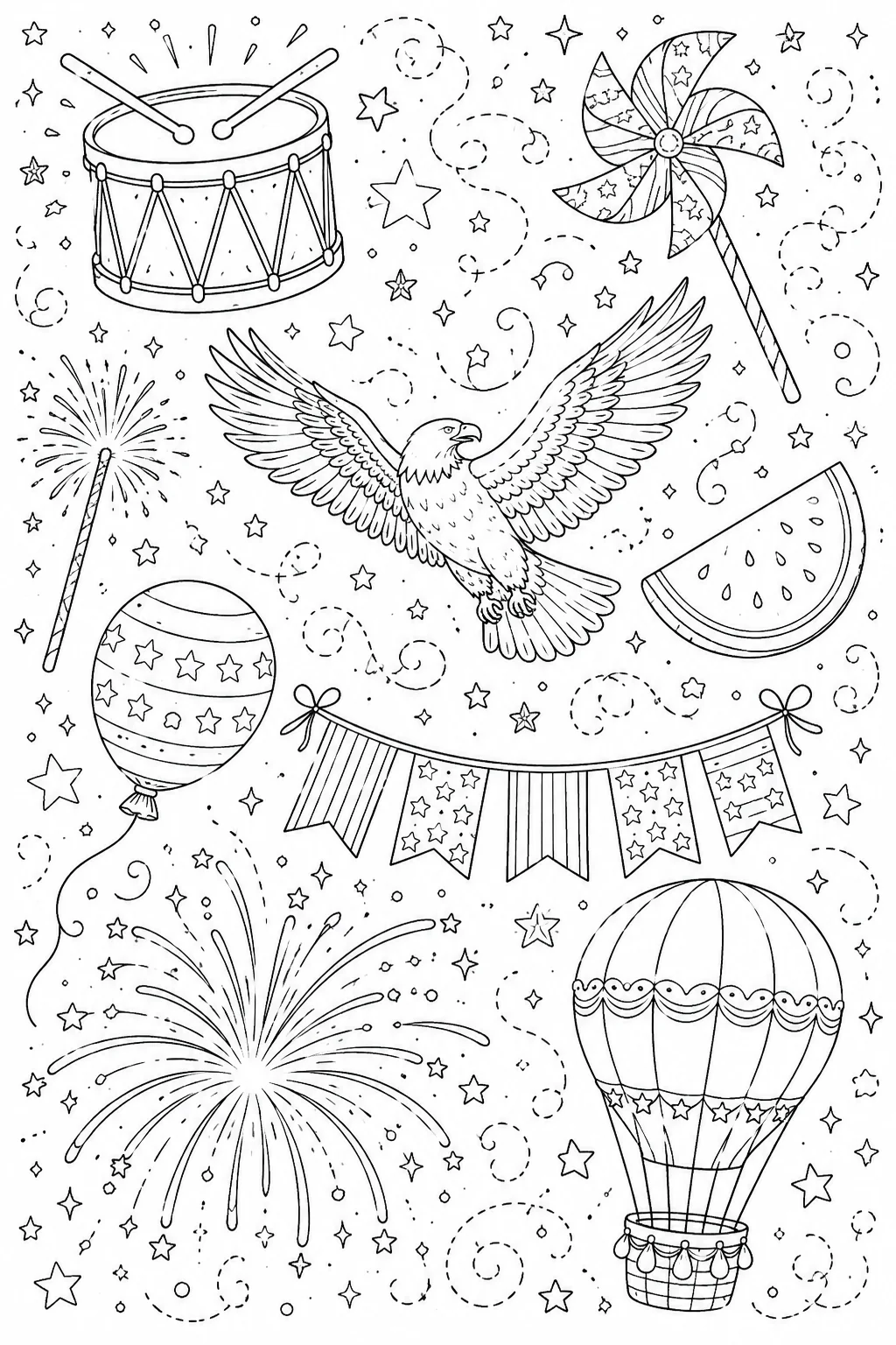 Printable Patriotic Celebration patriotic bunting banner and sliced watermelon doodle coloring page sheet
