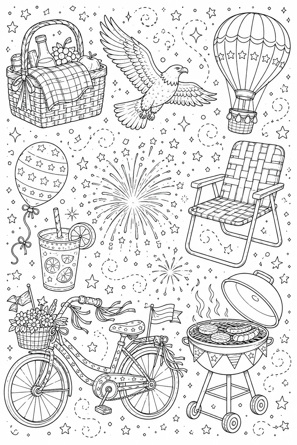Printable Patriotic Celebration marching band drum and party pinwheels doodle coloring page sheet