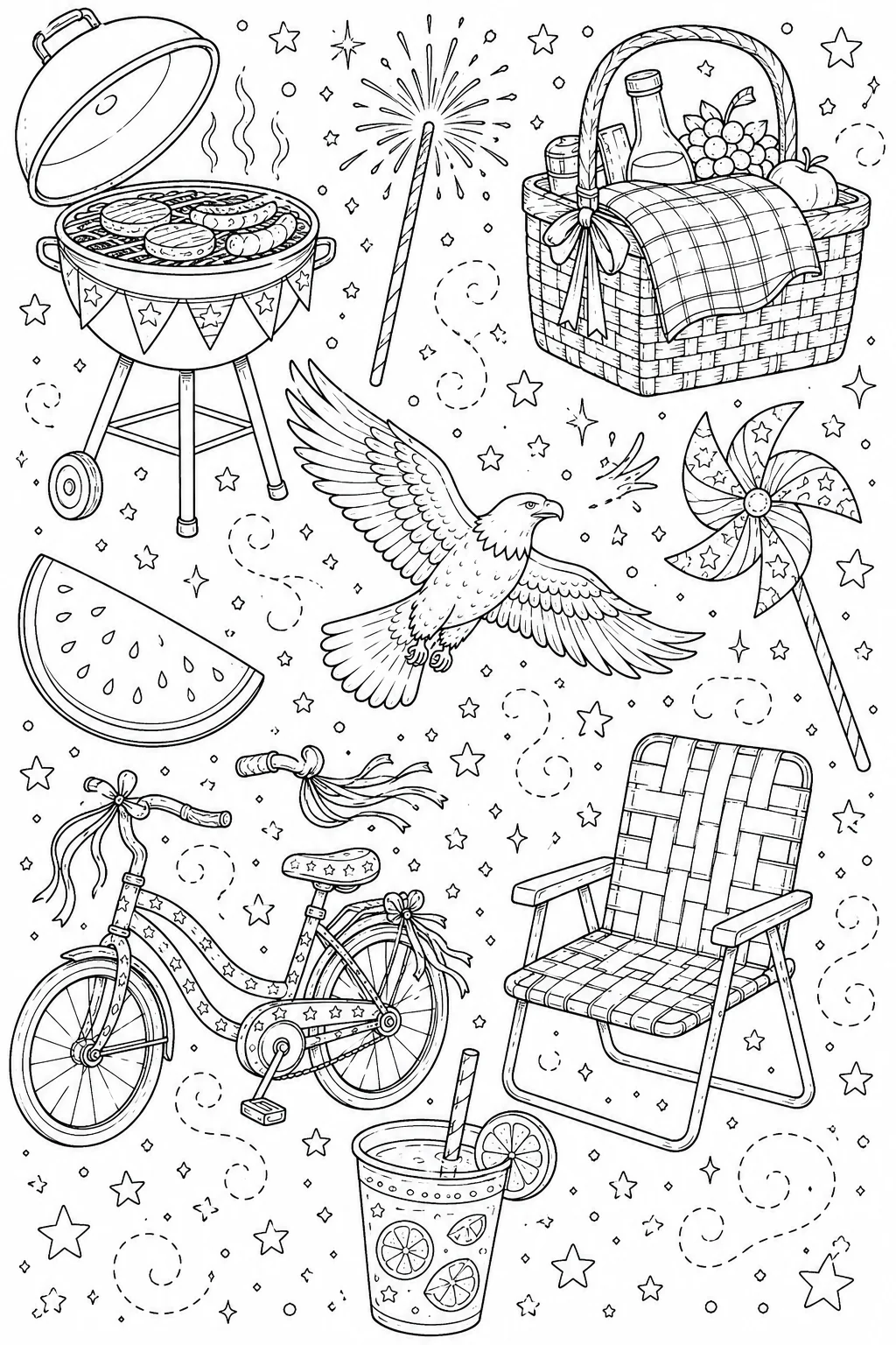 Printable Patriotic Celebration soaring eagle and backyard lemonade doodle coloring page sheet